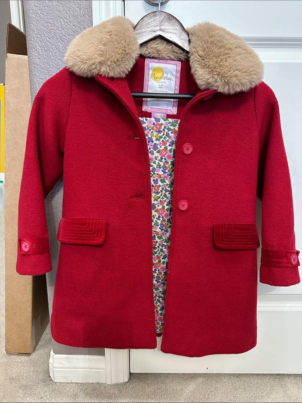 Mini Boden Red Coat with Tan Faux-Fur Collar